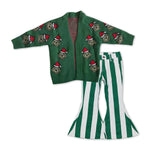 GLP1073 Christmas Green Animal Cardigan Green Stripe Jeans Girls 2 Pcs Set