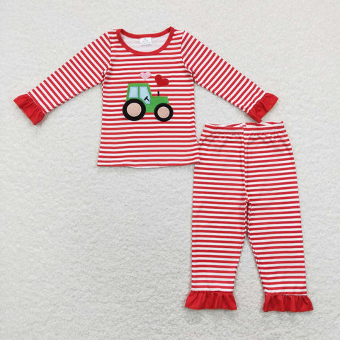 GLP1077 Valentine's Day Embroidery Truck Love Red Stripe Girls Pajamas