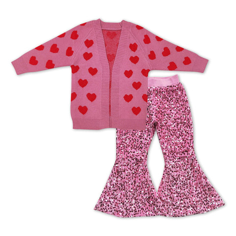 GLP1080 Valentine's Day Love Pink Cardigan Sequin Girls 2 Pcs Set