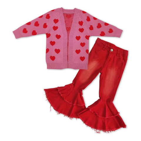 GLP1082 Valentine's Day Love Cardigan Red Jeans Girls 2 Pcs Set