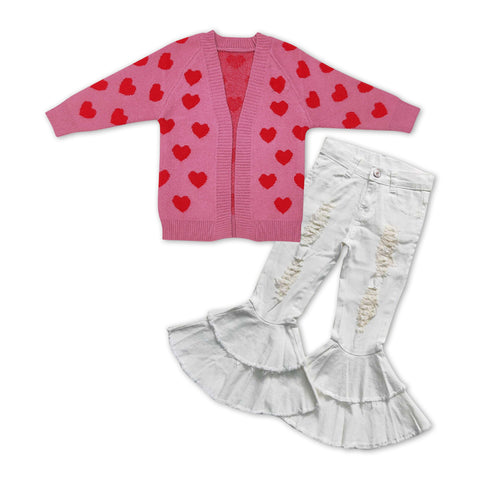 GLP1083 Valentine's Day Love Cardigan White Jeans Girls 2 Pcs Set