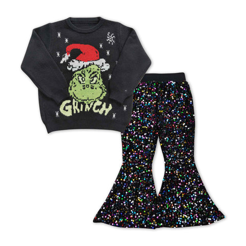 GLP1086 Christmas Winter Knit Sweater Cute Black Sequin Pants Girls Set