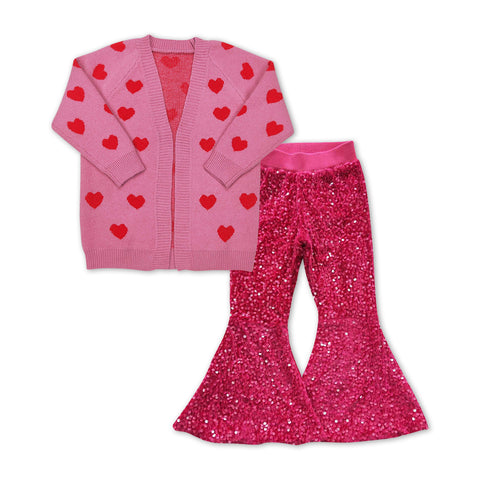 GLP1087 Valentine's Day Love Hot Pink Cardigan Sequin Girls 2 Pcs Set