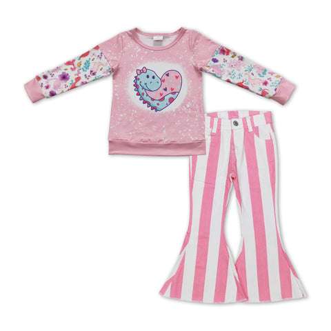 GLP1088 Valentine's Day Dinosaur Love Pink Stripe Jeans Girl's Set