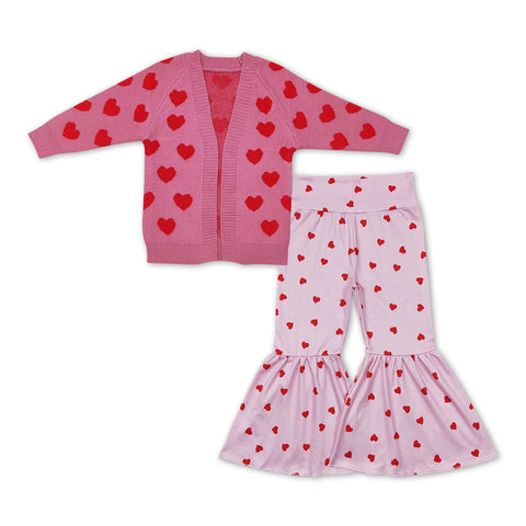GLP1105 Valentine's Day Love Pink Cardigan Flare Pants Girls 2 Pcs Set