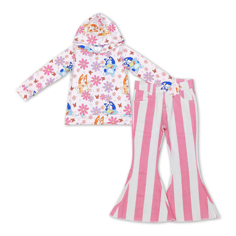 GLP1111 Valentine Cartoon Pink Stripe Jeans Girl's Set