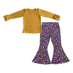 GLP1138 Yellow Cotton Shirt Purple Leopard Jeans 2 Pcs Girl's Set