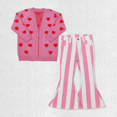 GLP1144 Valentine's Day Love Cardigan Pink Jeans Girls 2 Pcs Set