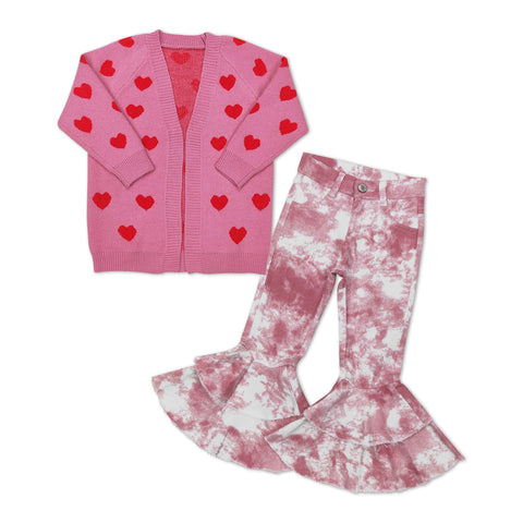 GLP1146 Valentine's Day Love Cardigan Tie Dry Jeans Girls 2 Pcs Set