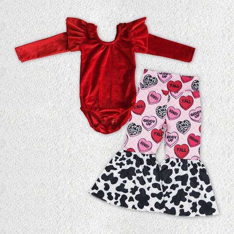 GLP1150 Fashion Velvet Romper Red Love Pants Girl's Set