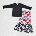 GLP1155 Black Cotton Shirt Love Flare Pants Girl Set