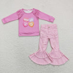 GLP1165 Kiss Me Love You Pink Denim Jeans 2 Pcs Girl's Set