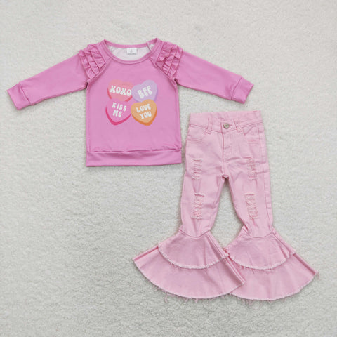 GLP1165 Kiss Me Love You Pink Denim Jeans 2 Pcs Girl's Set