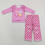 GLP1166 Kiss Me Love You Pink Plaid Jeans 2 Pcs Girl's Set