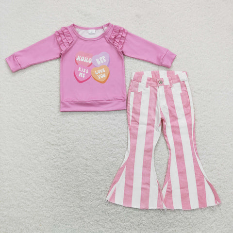 GLP1169 Kiss Me Love You Pink Stripe Jeans 2 Pcs Girl's Set