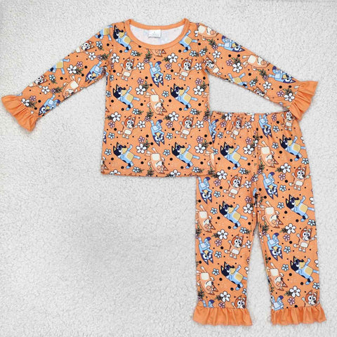 GLP1184 Cartoon Blue Dog Orange Girls Pajamas Set
