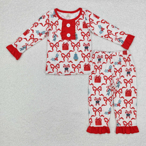 GLP1201 Bamboo Christmas Candy Cane Bows Red Girls Pajamas Set