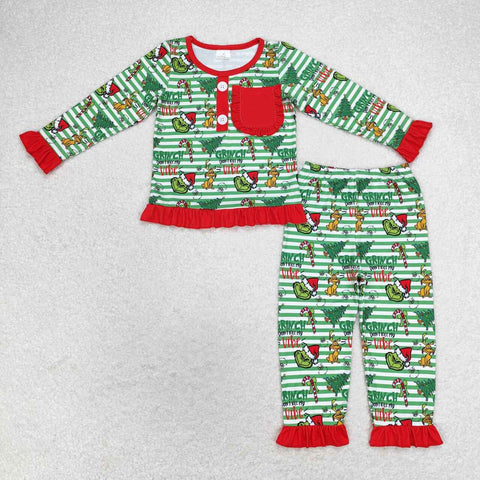 GLP1228 Christmas Green Animal Girls Pajamas Set