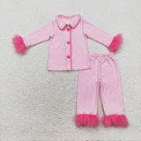 GLP1255 Feather Pure Pink Cotton Buttons Girls Pajamas Set