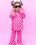 GLP1256 Feather Pink Plaid Buttons Girls Pajamas Set