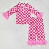 GLP1256 Feather Pink Plaid Buttons Girls Pajamas Set