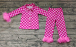 GLP1256 Feather Pink Plaid Buttons Girls Pajamas Set