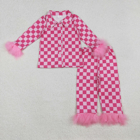 GLP1256 Feather Pink Plaid Buttons Girls Pajamas Set