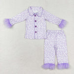 GLP1259 Feather Purple Leopard Buttons Girls Pajamas Set