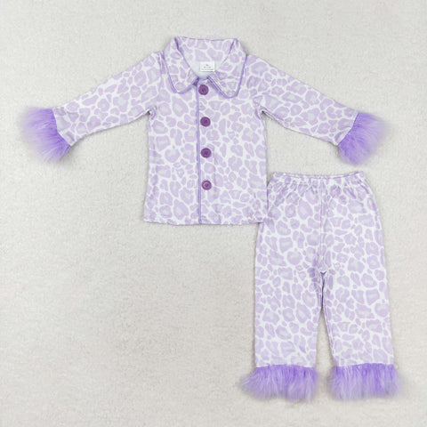 GLP1259 Feather Purple Leopard Buttons Girls Pajamas Set