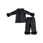 GLP1260 Feather Black Cotton Buttons Girls Pajamas Set