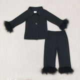 GLP1260 Feather Black Cotton Buttons Girls Pajamas Set