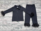 GLP1260 Feather Black Cotton Buttons Girls Pajamas Set