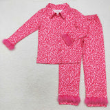 GLP1261 Feather Pink Leopard Buttons Adult Women Pajamas Set