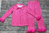 GLP1261 Feather Pink Leopard Buttons Adult Women Pajamas Set