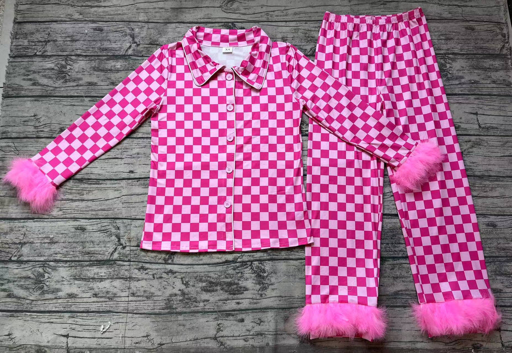 GLP1265 Feather Pink Plaid Buttons Adult Women Pajamas Set