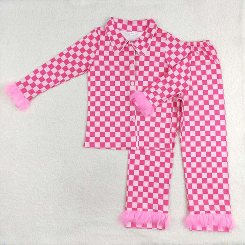 GLP1265 Feather Pink Plaid Buttons Adult Women Pajamas Set