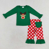 GLP1301 Embroidery Christmas Reindeer Elk Green Girls Pajamas Set