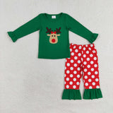 GLP1301 Embroidery Christmas Reindeer Elk Green Girls Pajamas Set