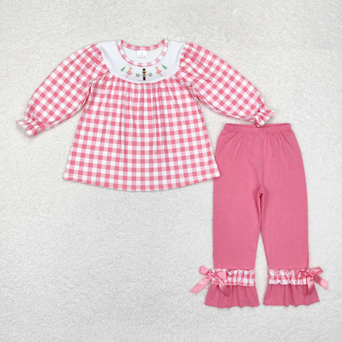 GLP1306 Embroidery Christmas Soldier Pink Plaid Girls Set