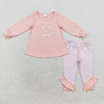 GLP1342 Embroidery Halloween Pumpkin Pink Girls Pajamas Set
