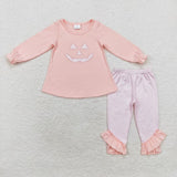 GLP1342 Embroidery Halloween Pumpkin Pink Girls Pajamas Set