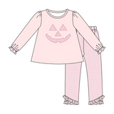 GLP1342 Embroidery Halloween Pumpkin Pink Girls Pajamas Set