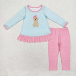 GLP1376 Embroidery Dog Sky Blue Stripe Girls Set