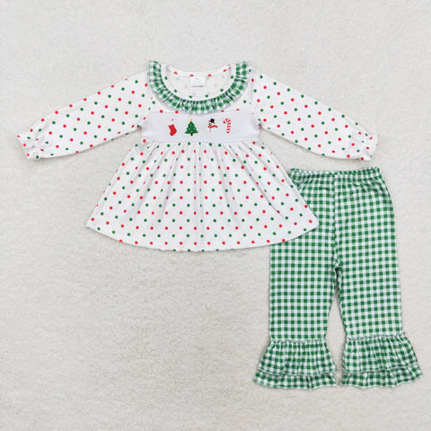 GLP1395 Embroidery Christmas Snowman Green Plaid Girls Set