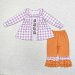 GLP1434 Embroidery Halloween Ghost Purple Plaid Girls Set