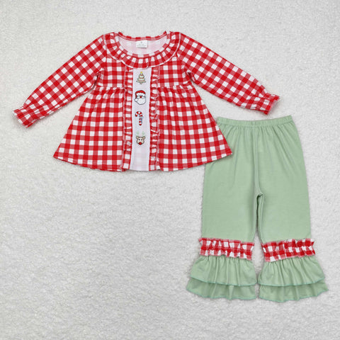 GLP1439 Embroidery Christmas Santa Red Plaid Girls Set