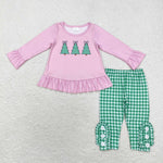 GLP1505 Christmas Trees Green Plaid  Girls Set