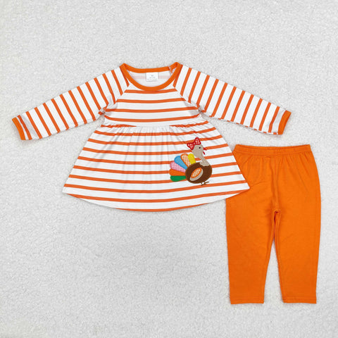 GLP1604 Embroidery Thanksgiving Turkey Orange Stripe Girls Set