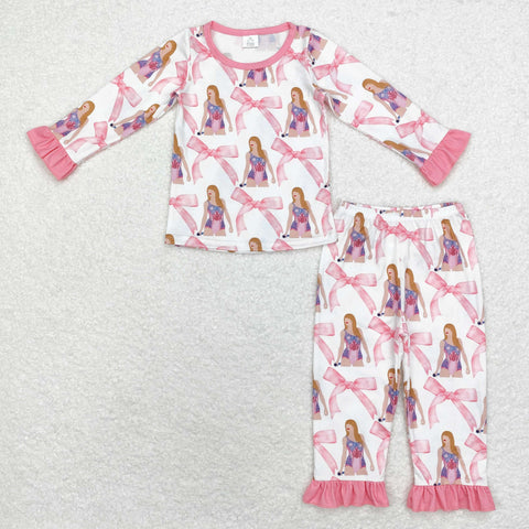 GLP1606 Bamboo Singer Star Tie Bow Pink Girls Pajamas Set