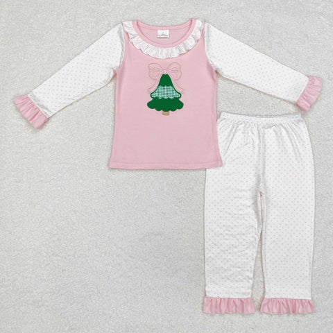 GLP1628 Embroidery Christmas Trees Blue Girls Pajamas Set